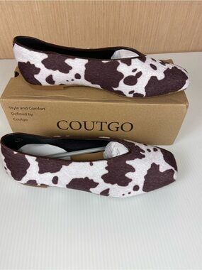 Coutgo Cow Print Ballet Flats Square Toe Faux Calf Hair Size 8 NIB